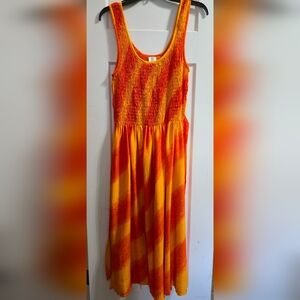 Sleeveless Orange & Yellow Midi Dress with Shirred Bodice